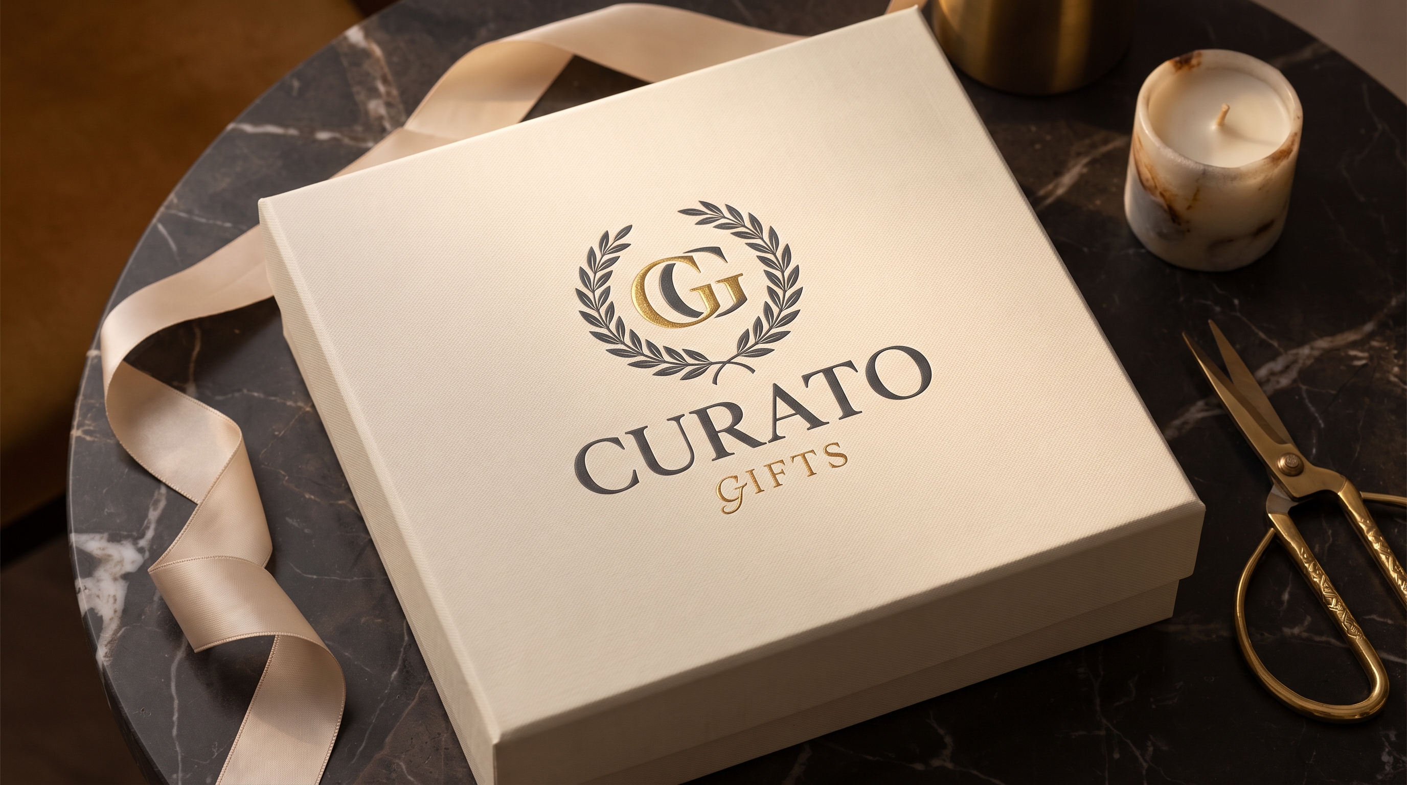 A cream Curato box, ribbon untied, resting open on a marble table.