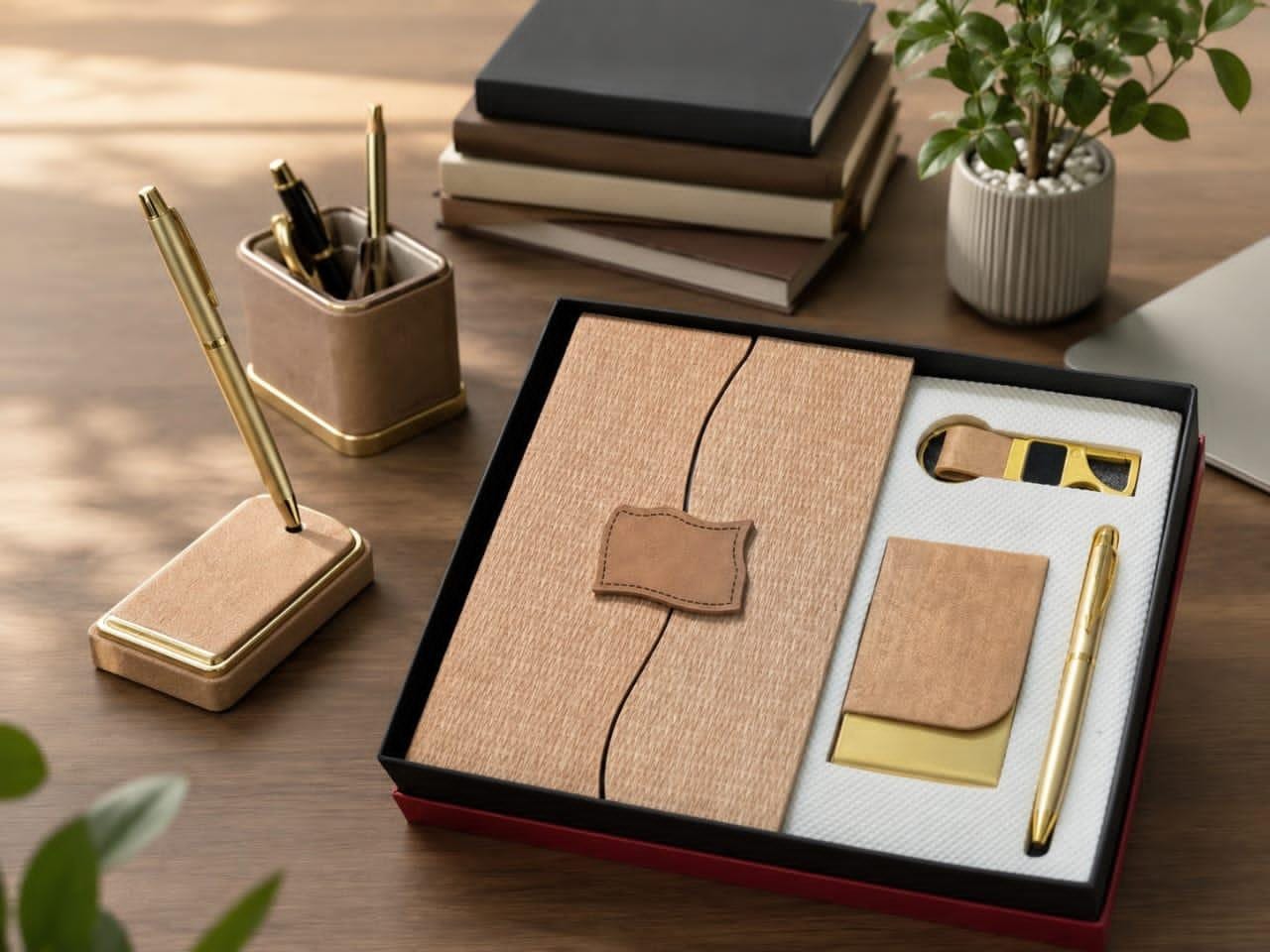 Black notebook with gilded page edges and brass clasp beside a black-and-gold pen in a black gift box