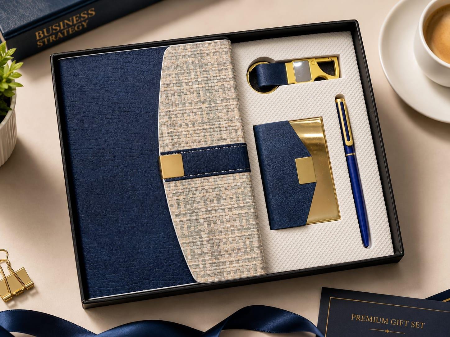 Navy executive gift set in a black presentation box — woven-flap notebook, brass keychain, card holder and navy-gold pen