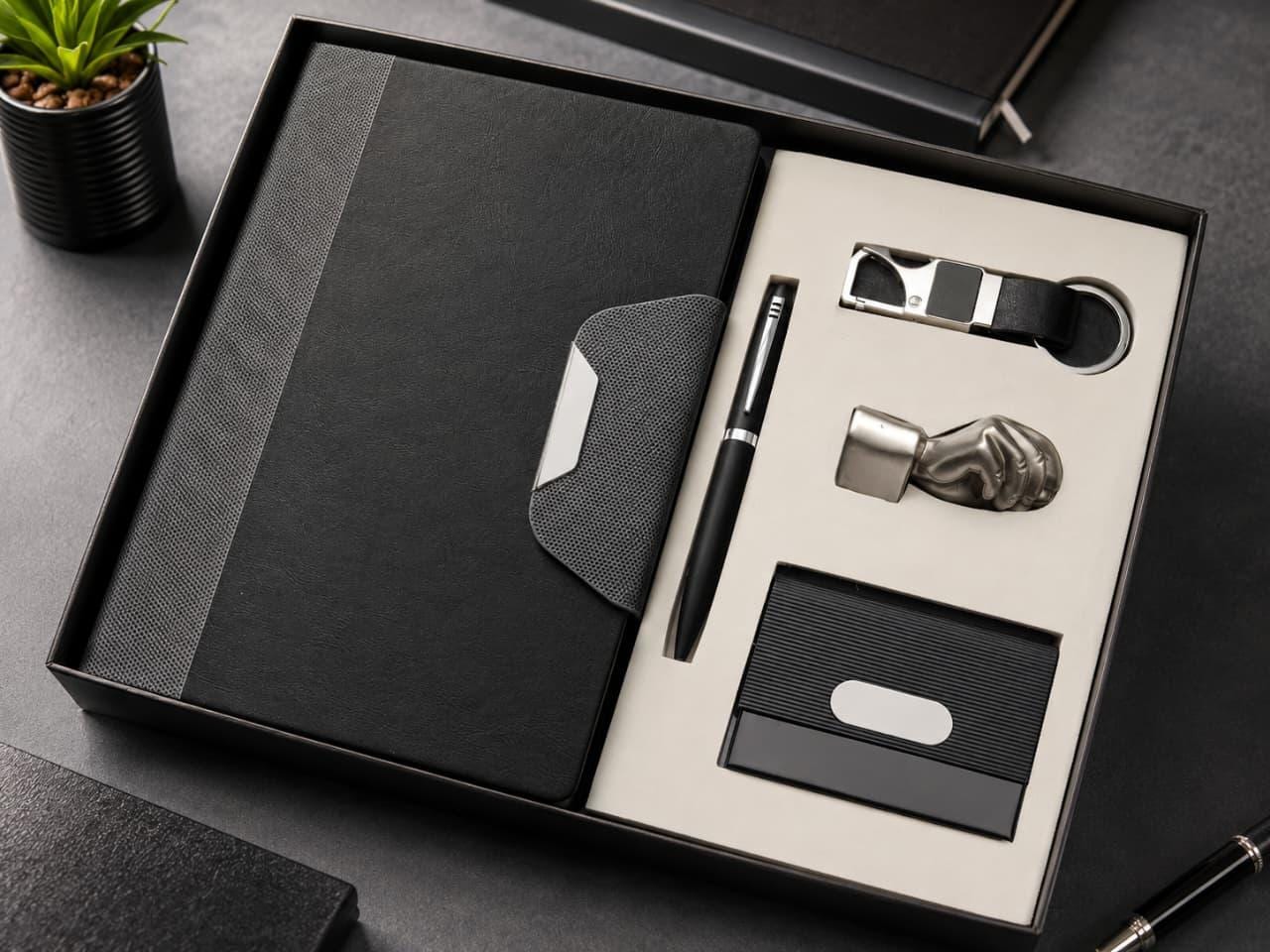 Graphite gift set in a black box — canvas-spined notebook, matte pen, steel keychain, cast-metal fist paperweight and ribbed card case