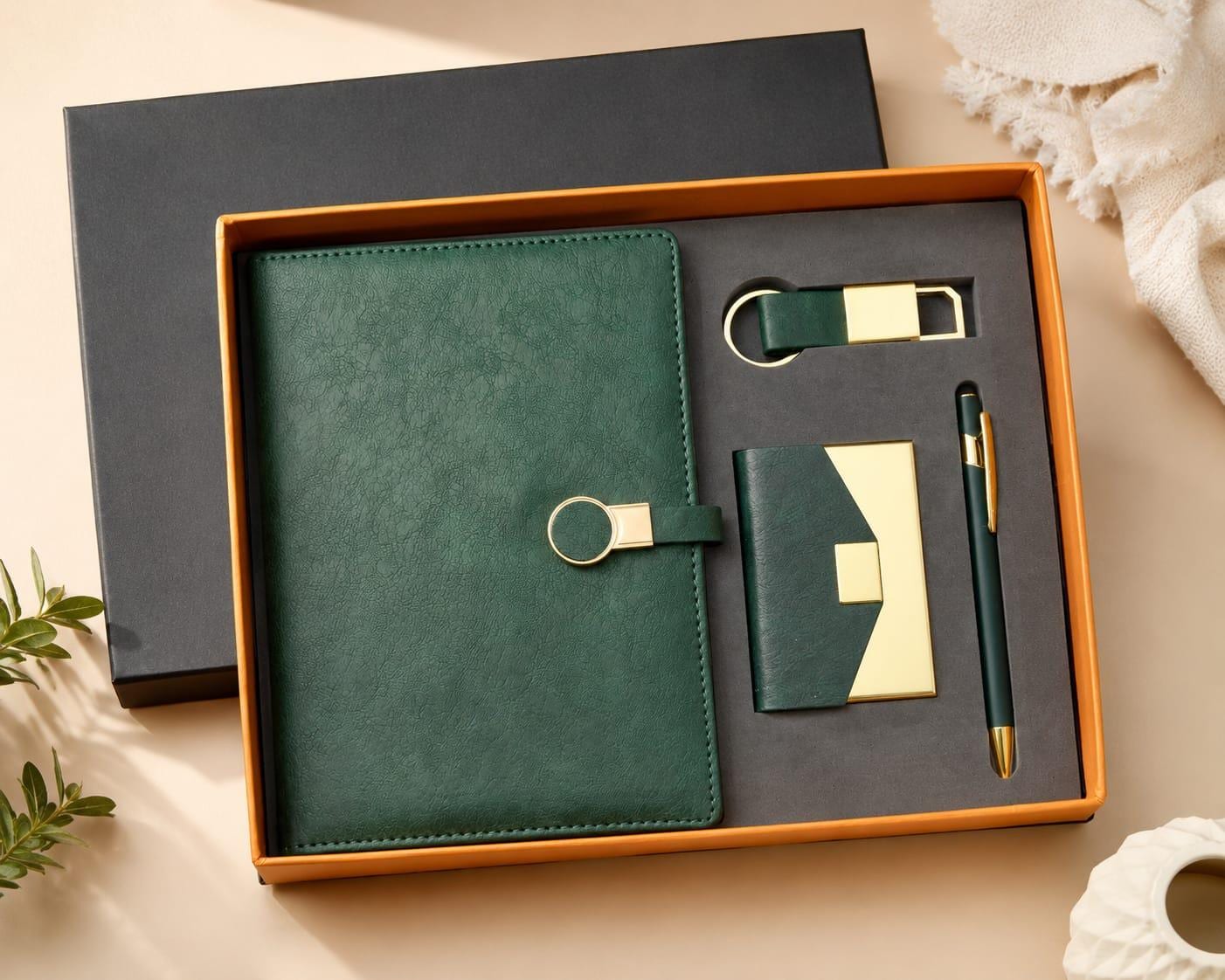 Sand-toned desk set on a wooden table — textured wrap notebook with stitched tie patch, suede card holder, keychain and gold pen